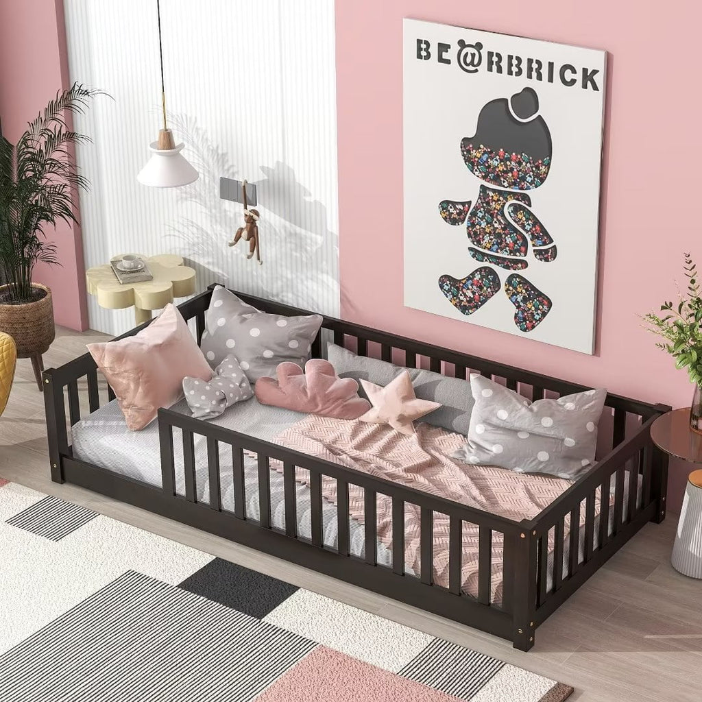 White Full Size Floor Bed with Fence Guardrails and Roof W38669
