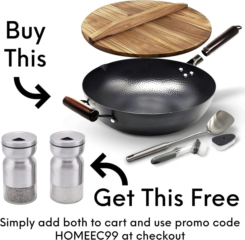 Carbon Steel Wok Pan With Lid, Non-Stick 12.6 Flat Bottom Wok Set U1505