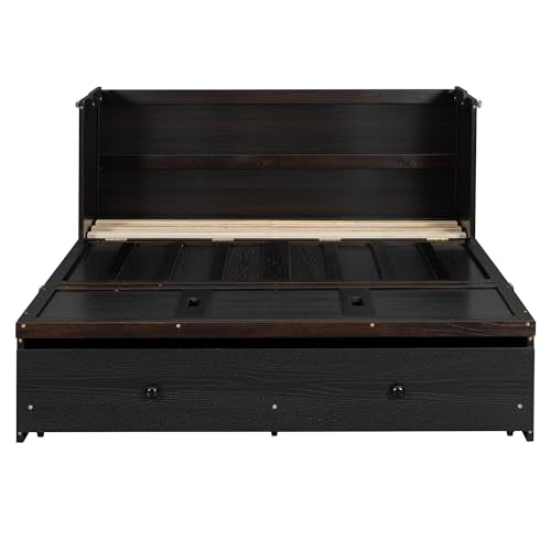 Full Murphy Bed with USB Charging Station and Large Drawer, Wooden Full Size Bed Wall Bed with Storage, Espresso W8476