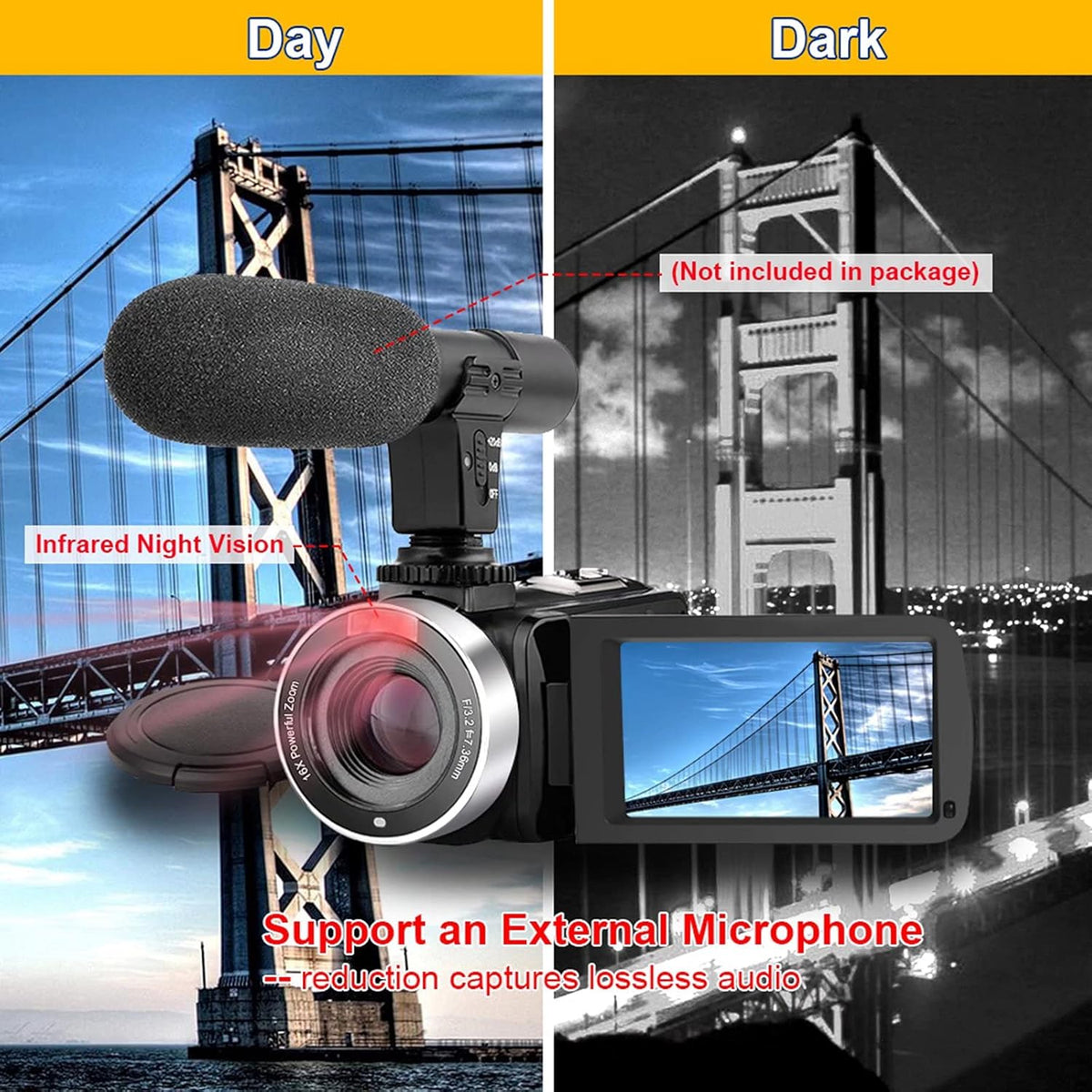 Video Camera Camcorder Full HD 1080P 30FPS 24.0 MP IR Night Vision 3.0 Inch IPS Screen 16X Zoom with 2 Batteries C6948