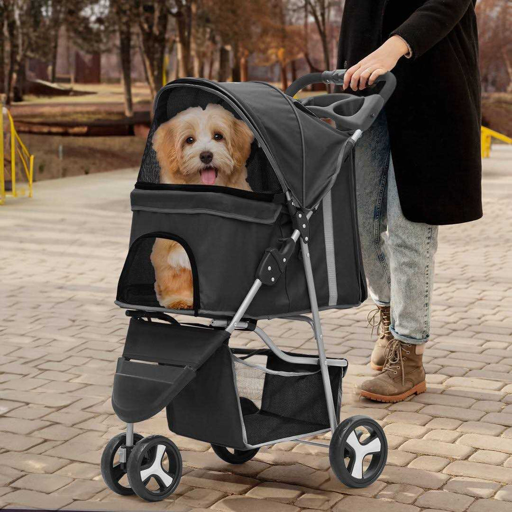 Foldable 3 Wheels Pet Stroller with Storage Basket and Cup Holder U66023