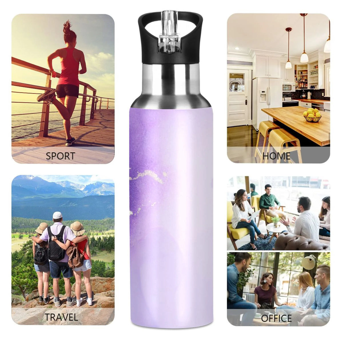 Purple Marble Stainless Steel Insulated Water Bottle with Straw Lid W54810