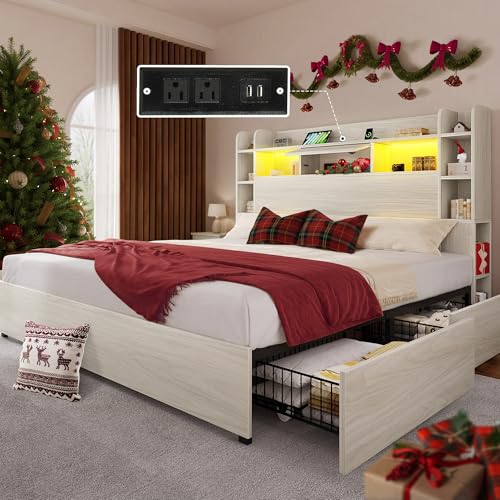 Black Queen Bed Frame with Bookcase Headboard and 4 Storage Drawers Q2693