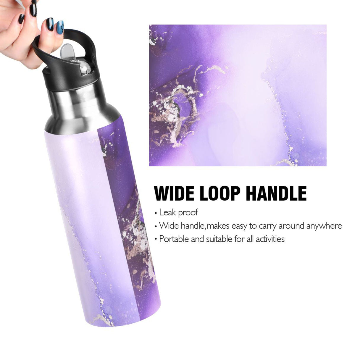 Purple Marble Stainless Steel Insulated Water Bottle with Straw Lid W54810