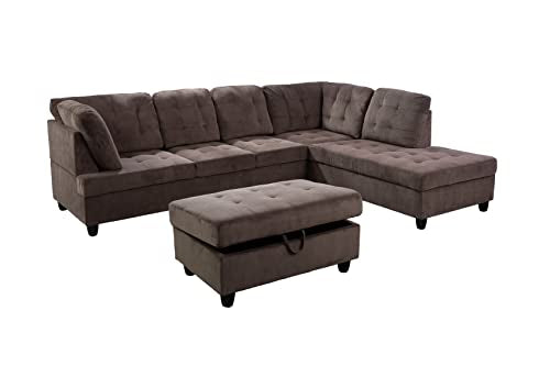 Brown Corduroy L Shaped Sectional Sofa Set with Ottoman C4957