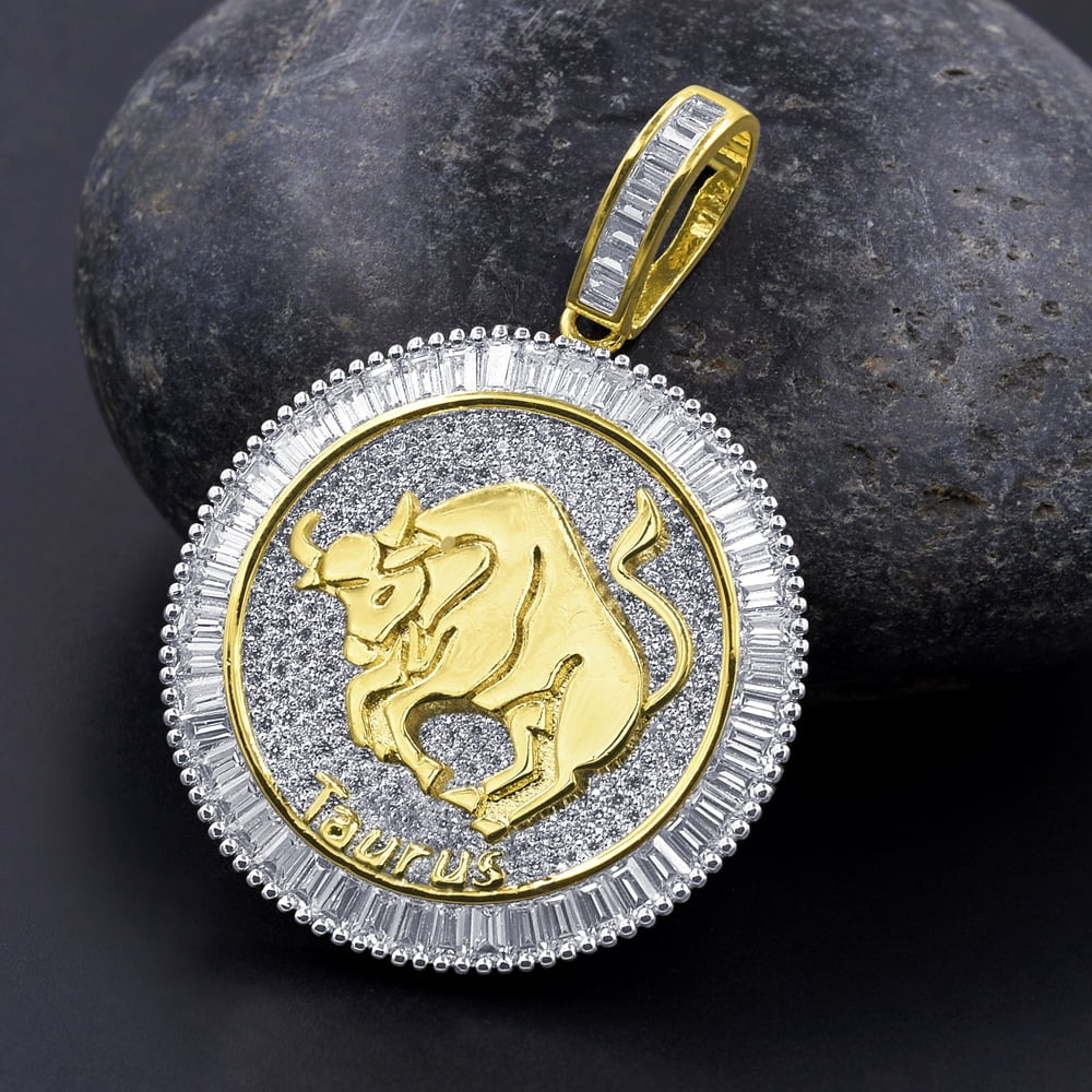 14K Yellow Gold Finish Simulated Diamond Taurus Pendant Charm S846