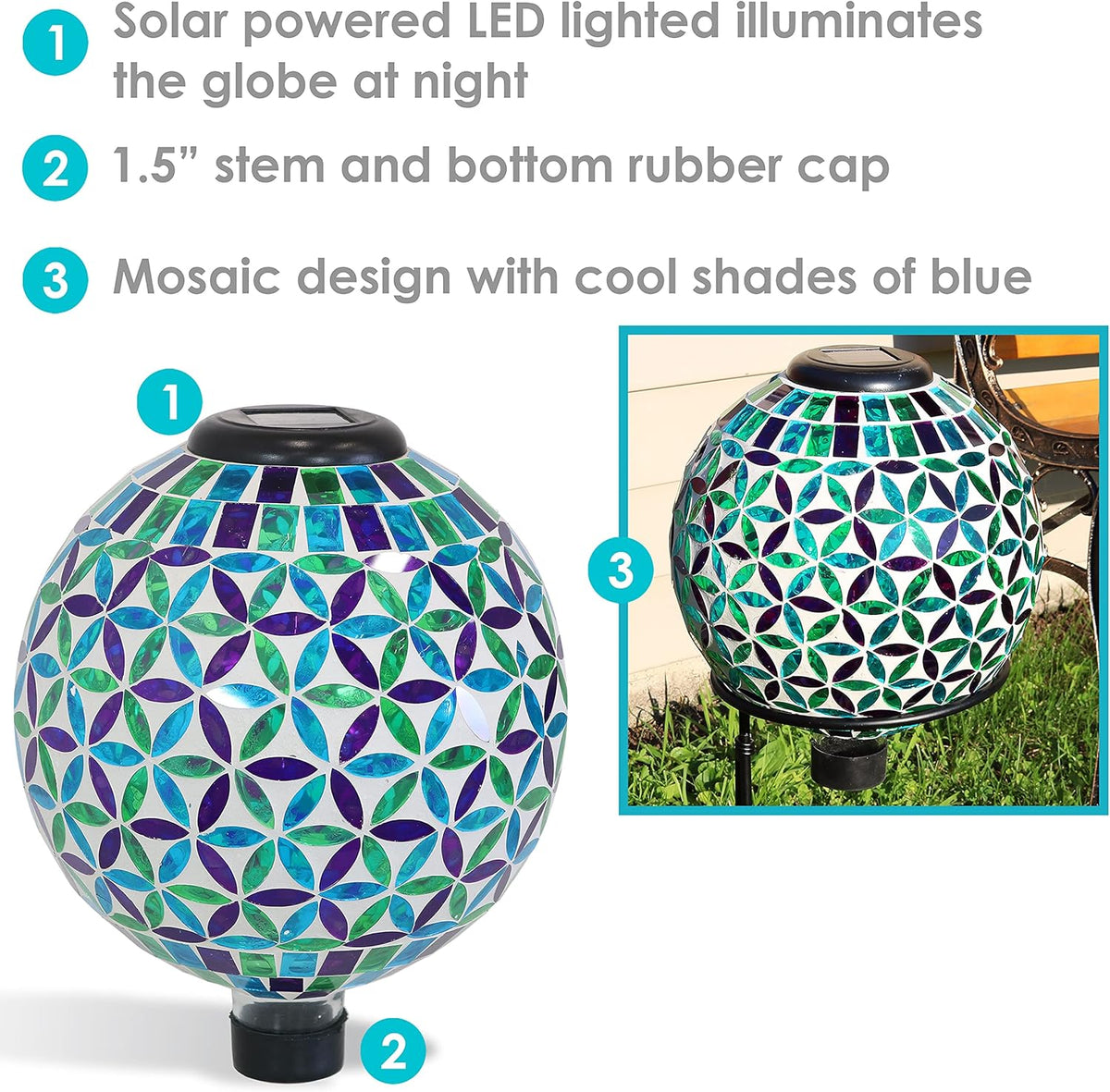 Blue 10-Inch Glass Mosaic Gazing Globe with Solar Light Z7860