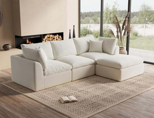110" Warm White L-Shape Sectional Sofa with Ottoman E6622