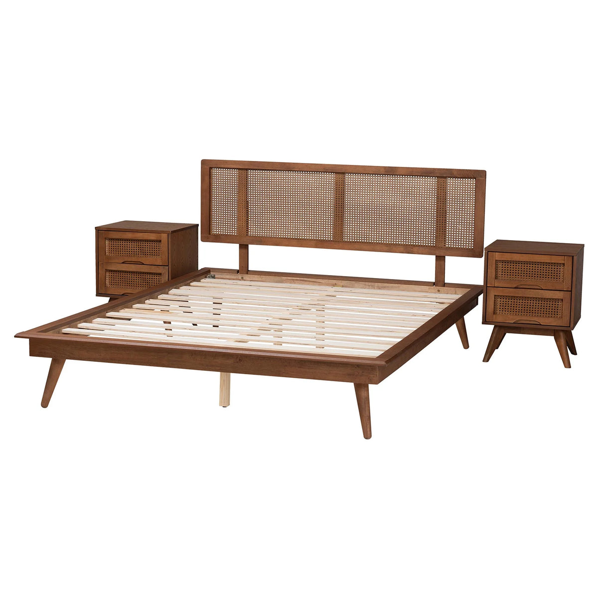 Walnut Brown Wood and Rattan Full Size 3-Piece Bedroom Set E684