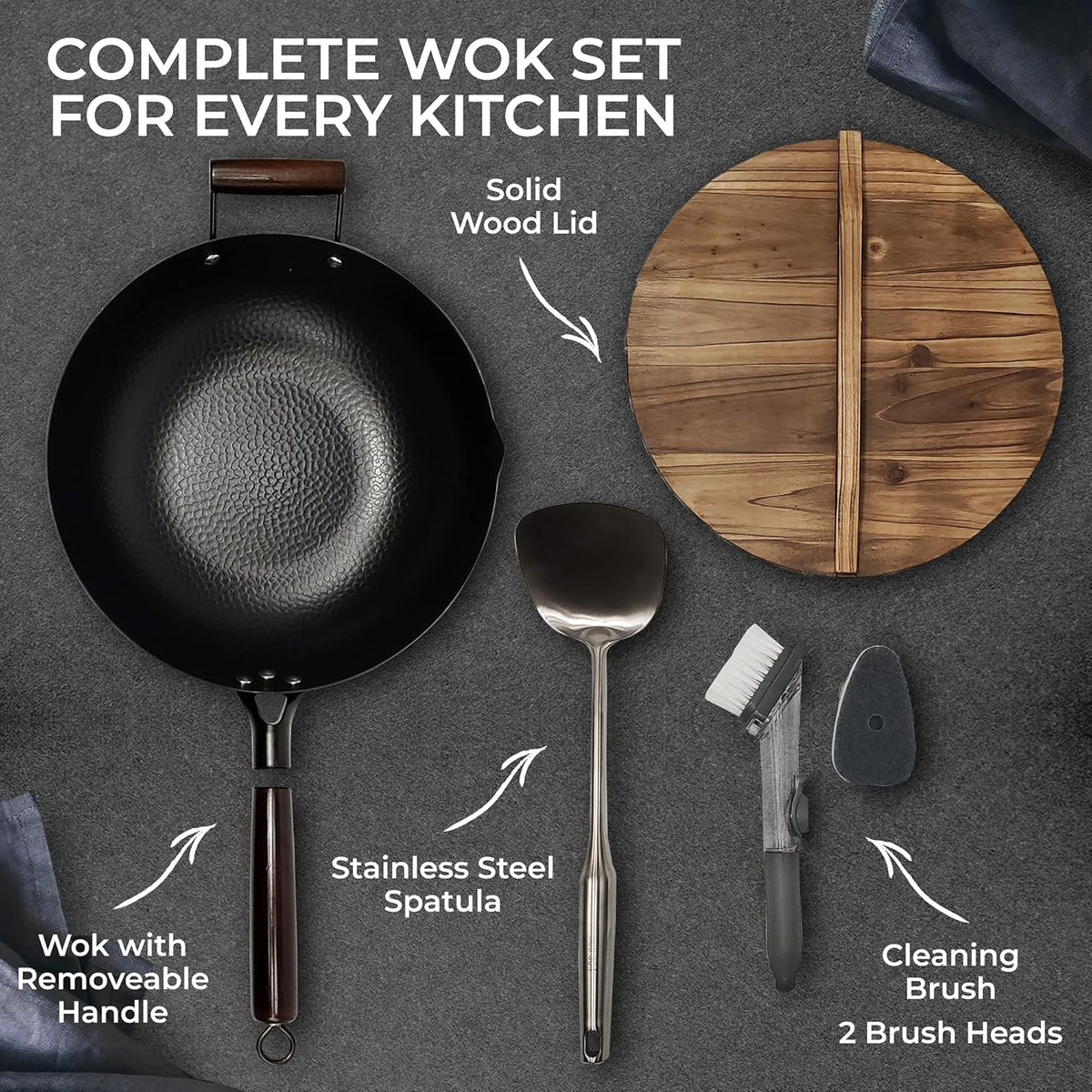 Carbon Steel Wok Pan With Lid, Non-Stick 12.6 Flat Bottom Wok Set U1505