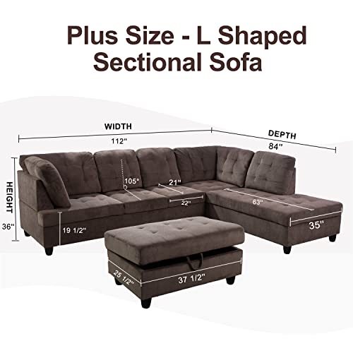 Brown Corduroy L Shaped Sectional Sofa Set with Ottoman C4957