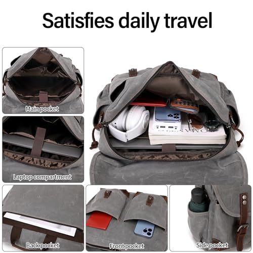 Mens 15.6 Inch Waxed Canvas Genuine Leather Briefcase Shoulder Bag Black Gray T6912