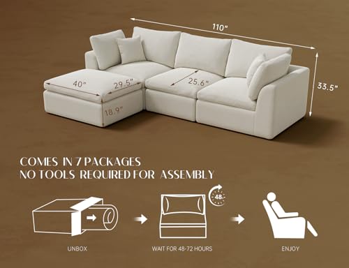 110" Warm White L-Shape Sectional Sofa with Ottoman E6622