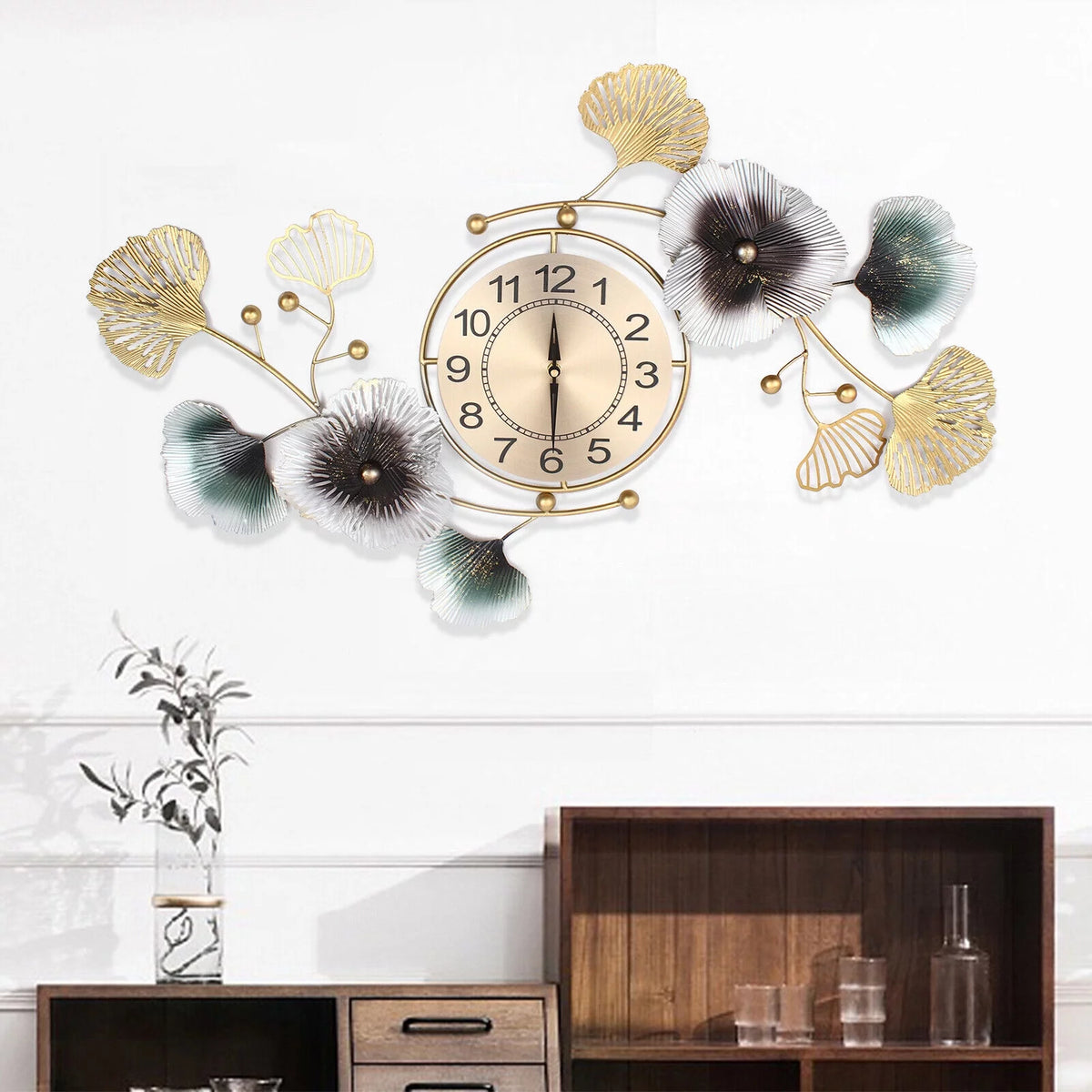 Ginkgo Leaf Wall Clock 90*45cm Mute Battery Operated Q99561
