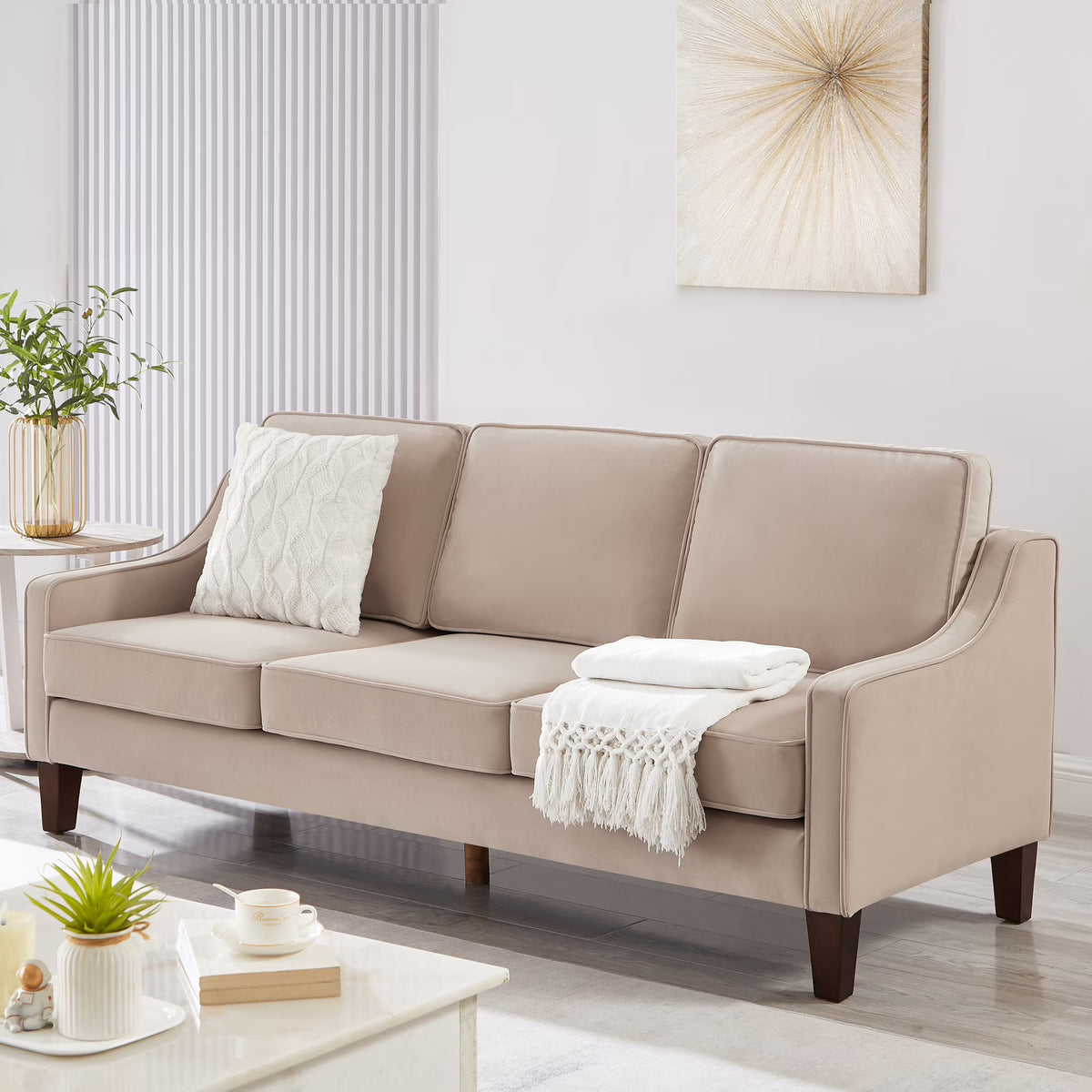 Taupe Velvet 3 Piece 3-Seat Sofa with Removable Cushions O2634