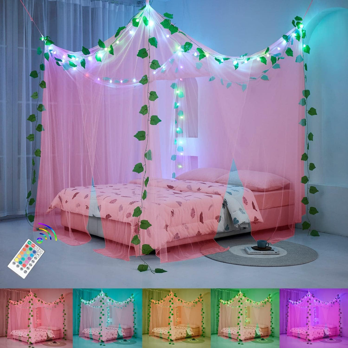 White Sheer Canopy Bed Curtains Set, 8 Panels, Full/Queen B2846