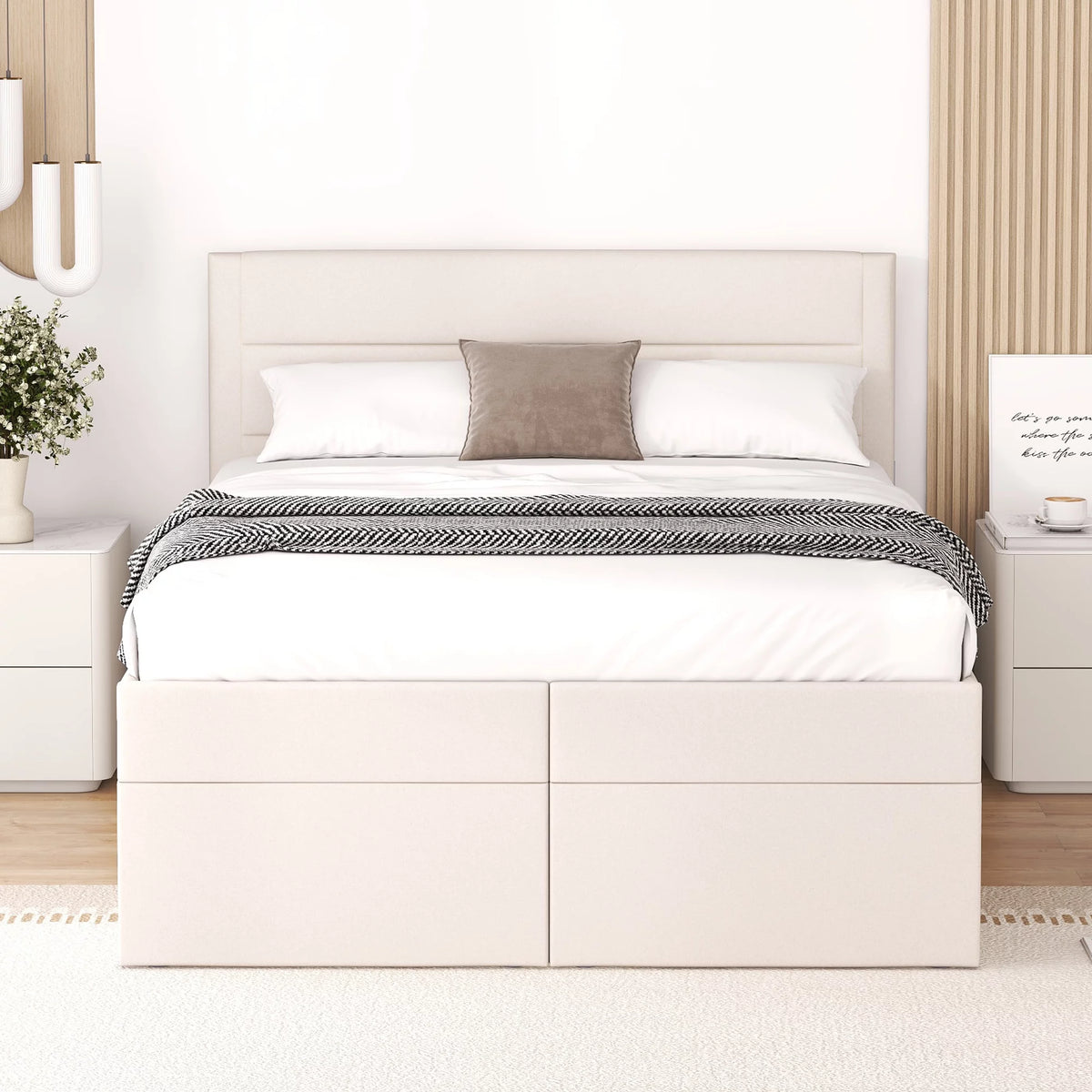 Full Size Beige Upholstery Platform Bed with Storage U94775