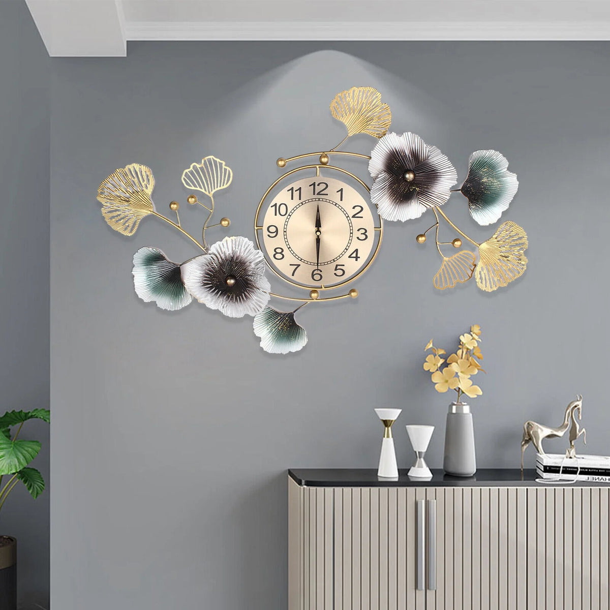 Ginkgo Leaf Wall Clock 90*45cm Mute Battery Operated Q99561