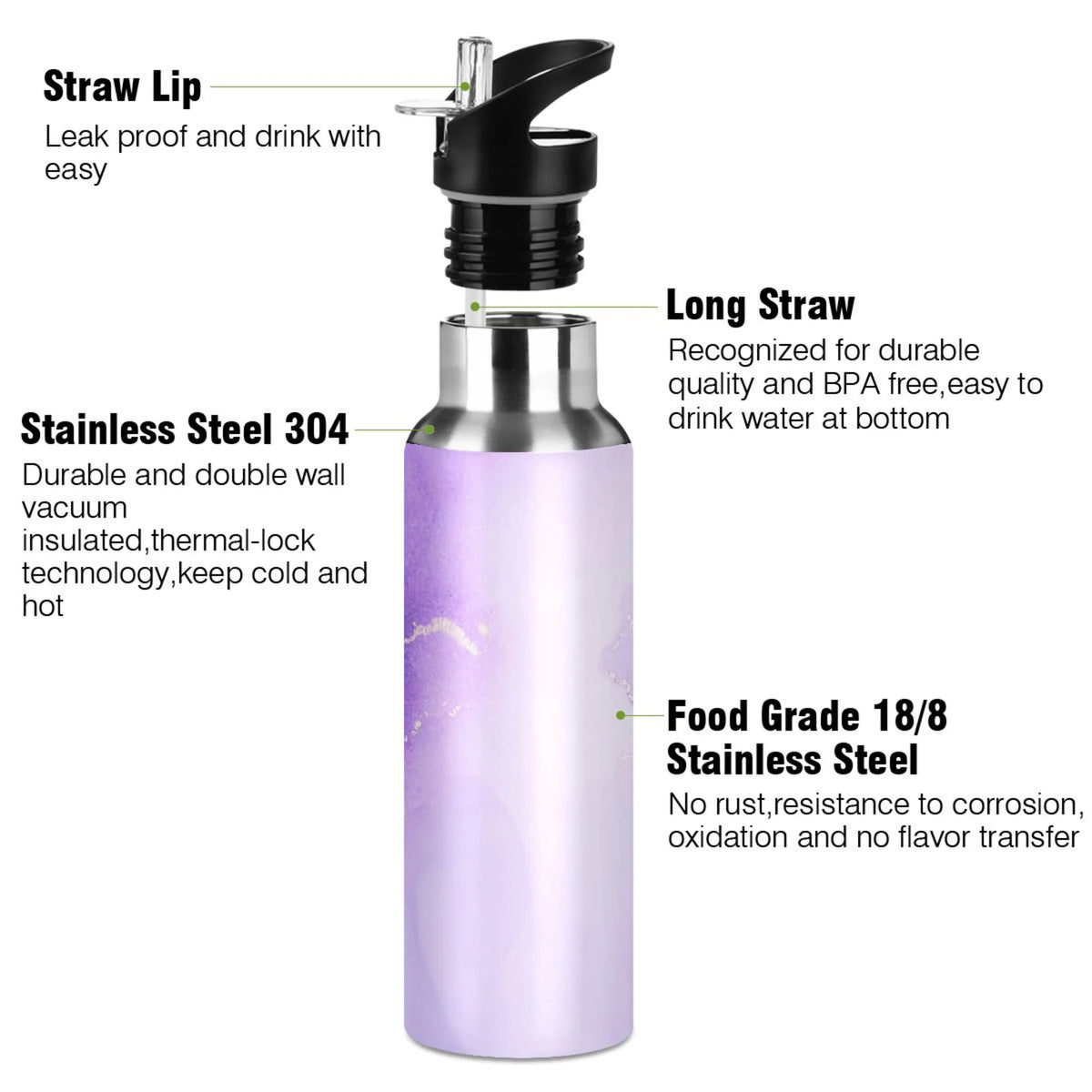 Purple Marble Stainless Steel Insulated Water Bottle with Straw Lid W54810