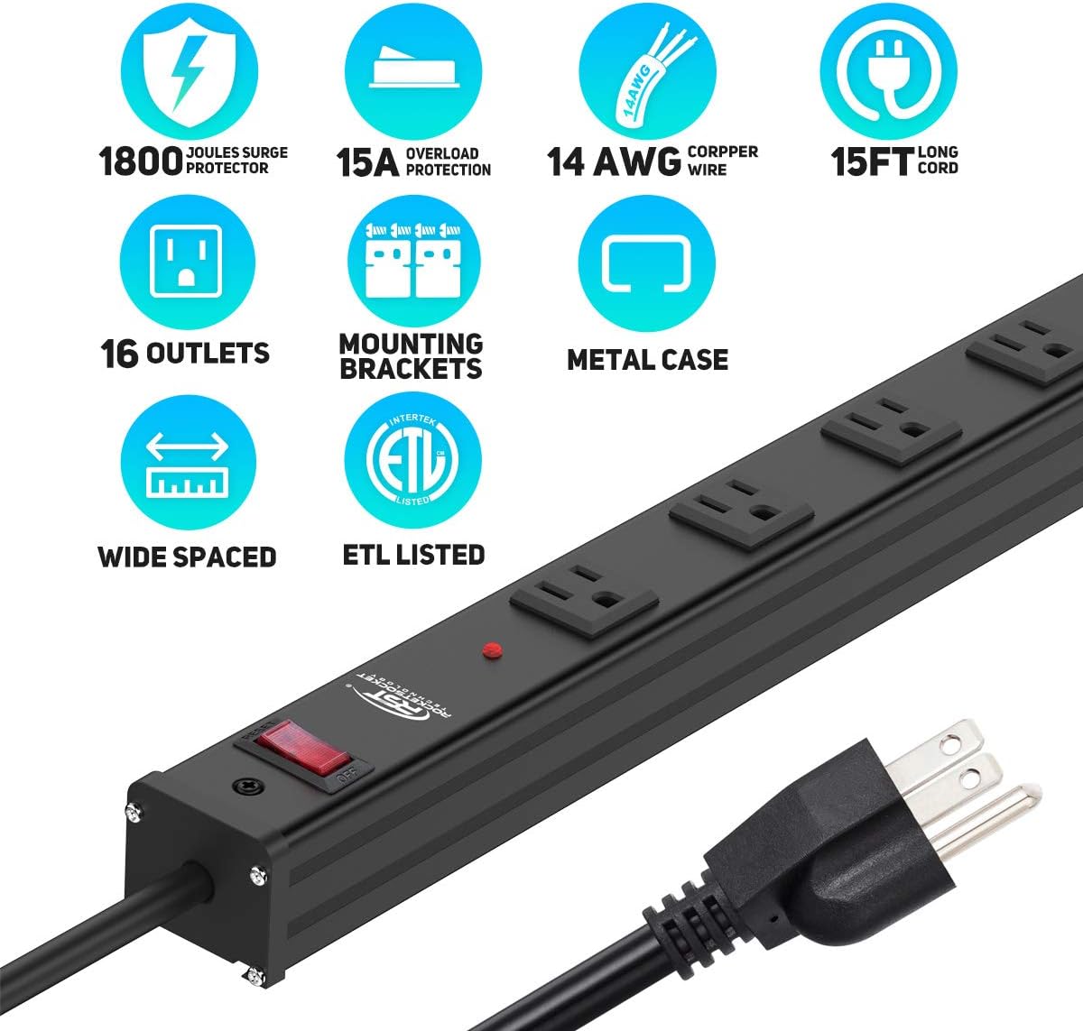 16-Outlet Surge Protector Power Strip with Circuit Breaker, 15 Feet, Pack of 2 U271