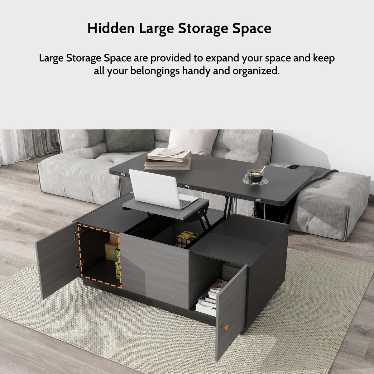 Gray Lift-top Coffee Table with 2 Storage Cabinets K7010