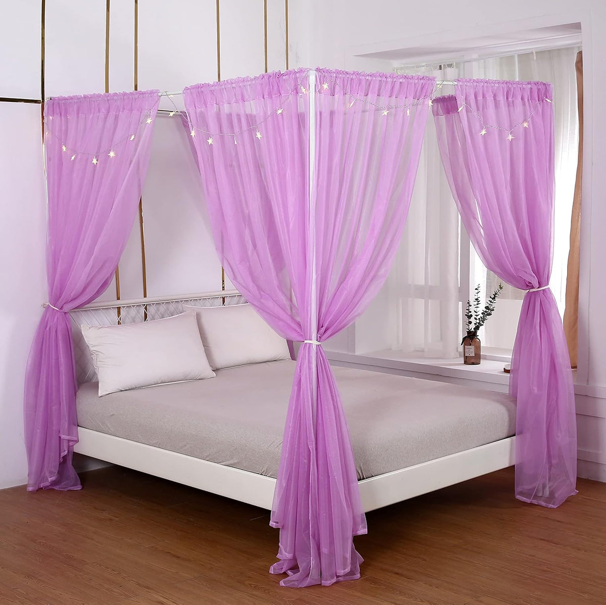 White Sheer Canopy Bed Curtains Set, 8 Panels, Full/Queen B2846