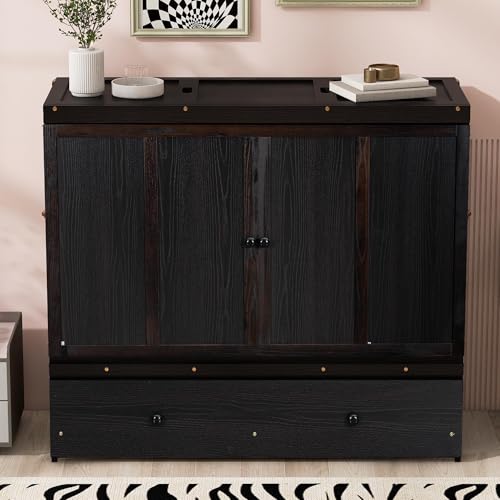 Full Murphy Bed with USB Charging Station and Large Drawer, Wooden Full Size Bed Wall Bed with Storage, Espresso W8476