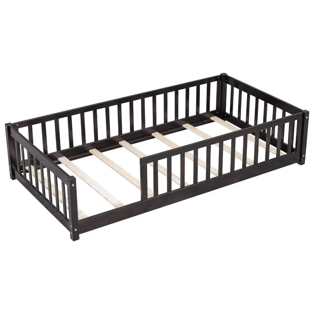 White Full Size Floor Bed with Fence Guardrails and Roof W38669