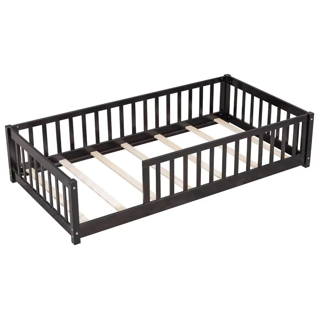 White Full Size Floor Bed with Fence Guardrails and Roof W38669