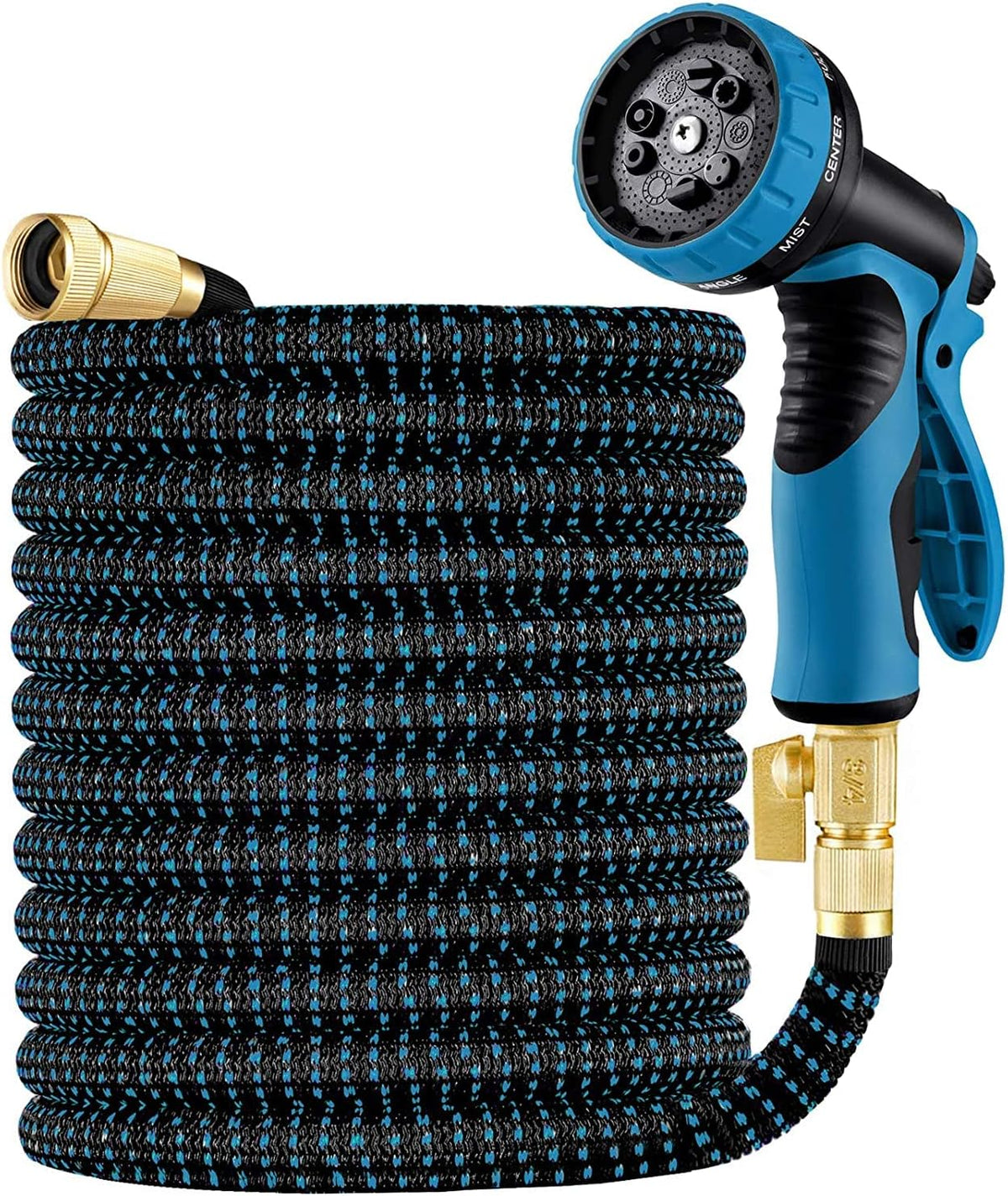 150ft Expandable Garden Hose with 3/4" Solid Brass Fittings and 9 Function Water Spray Nozzle, Blue & Black, Pack of 2 T843