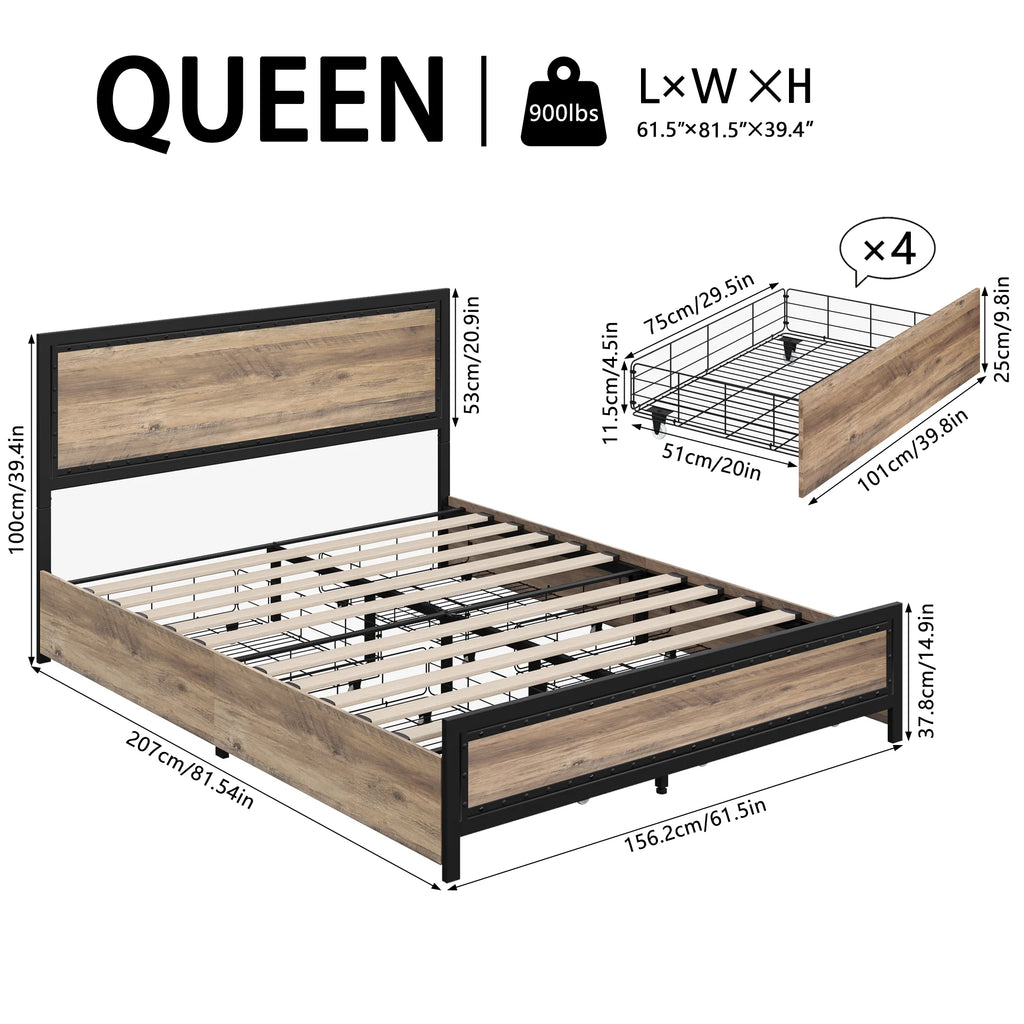 Queen Size Metal Platform Bed with 4 Storage Drawers E72701