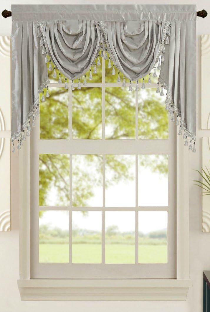 Red Solid Faux Silk Double Waterfall Valance with Tails X809