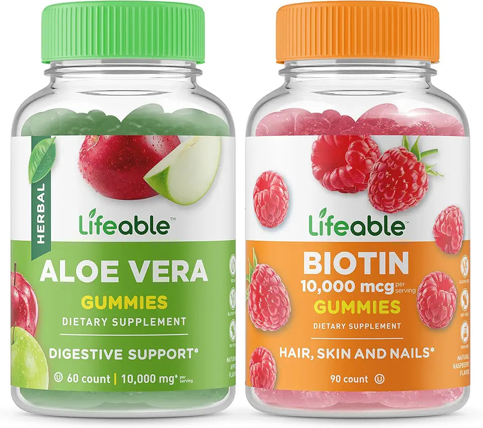 Aloe Vera + Biotin Gummies Bundle Gluten Free Chewable Vitamin Supplement U47615
