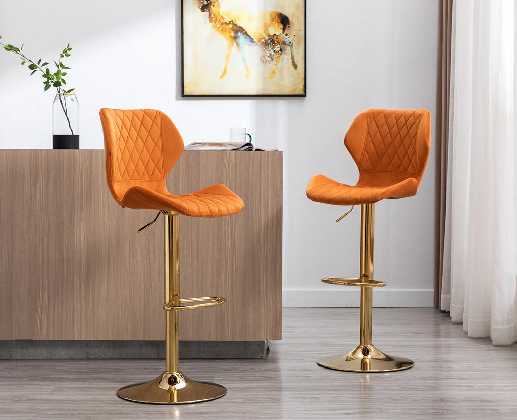 Orange Velvet Adjustable Swivel Bar Stools Set of 2 T3146
