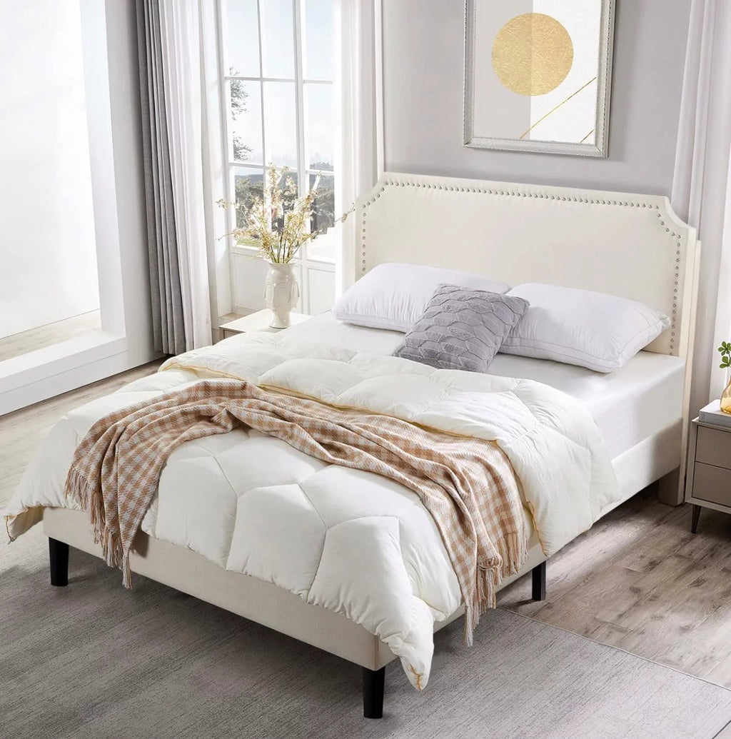 Full Size Linen Fabric Upholstered Platform Bed with Adjustable Headboard X2774