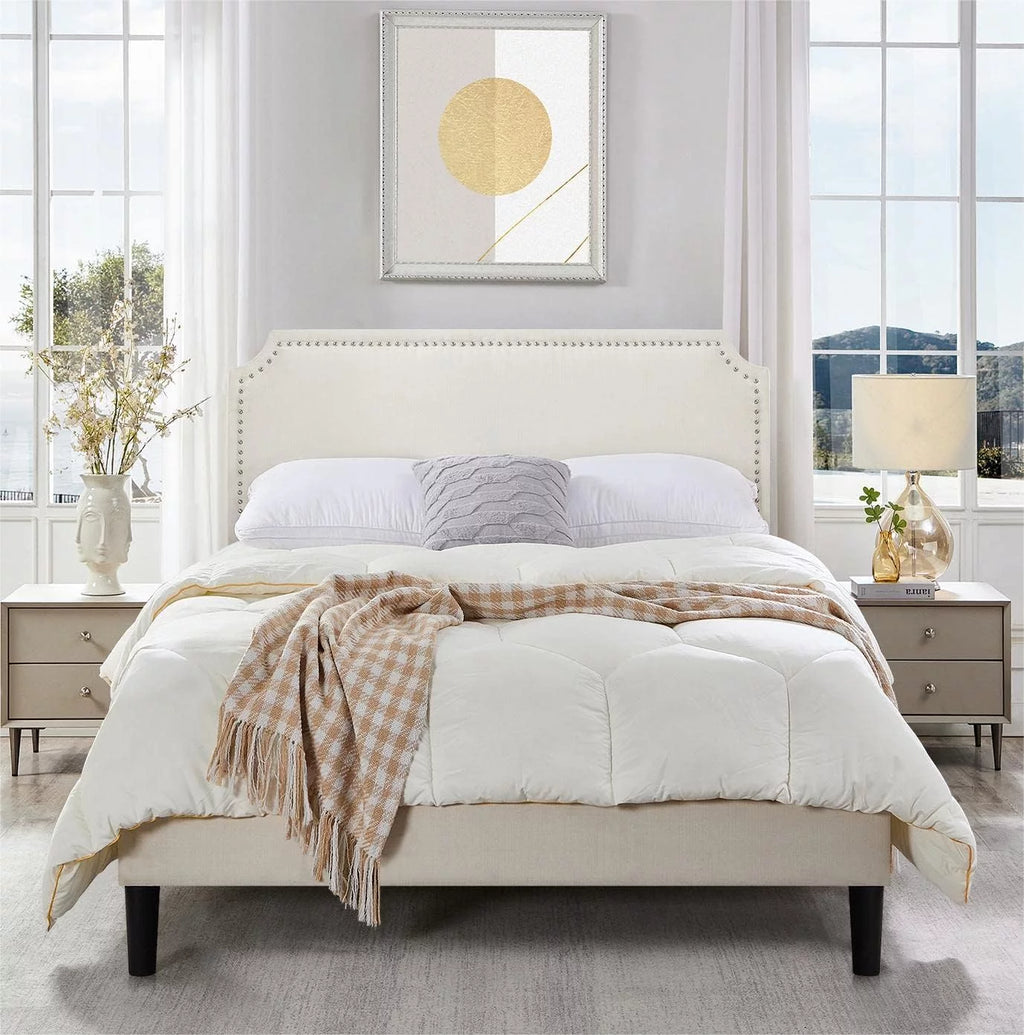 Full Size Linen Fabric Upholstered Platform Bed with Adjustable Headboard X2774