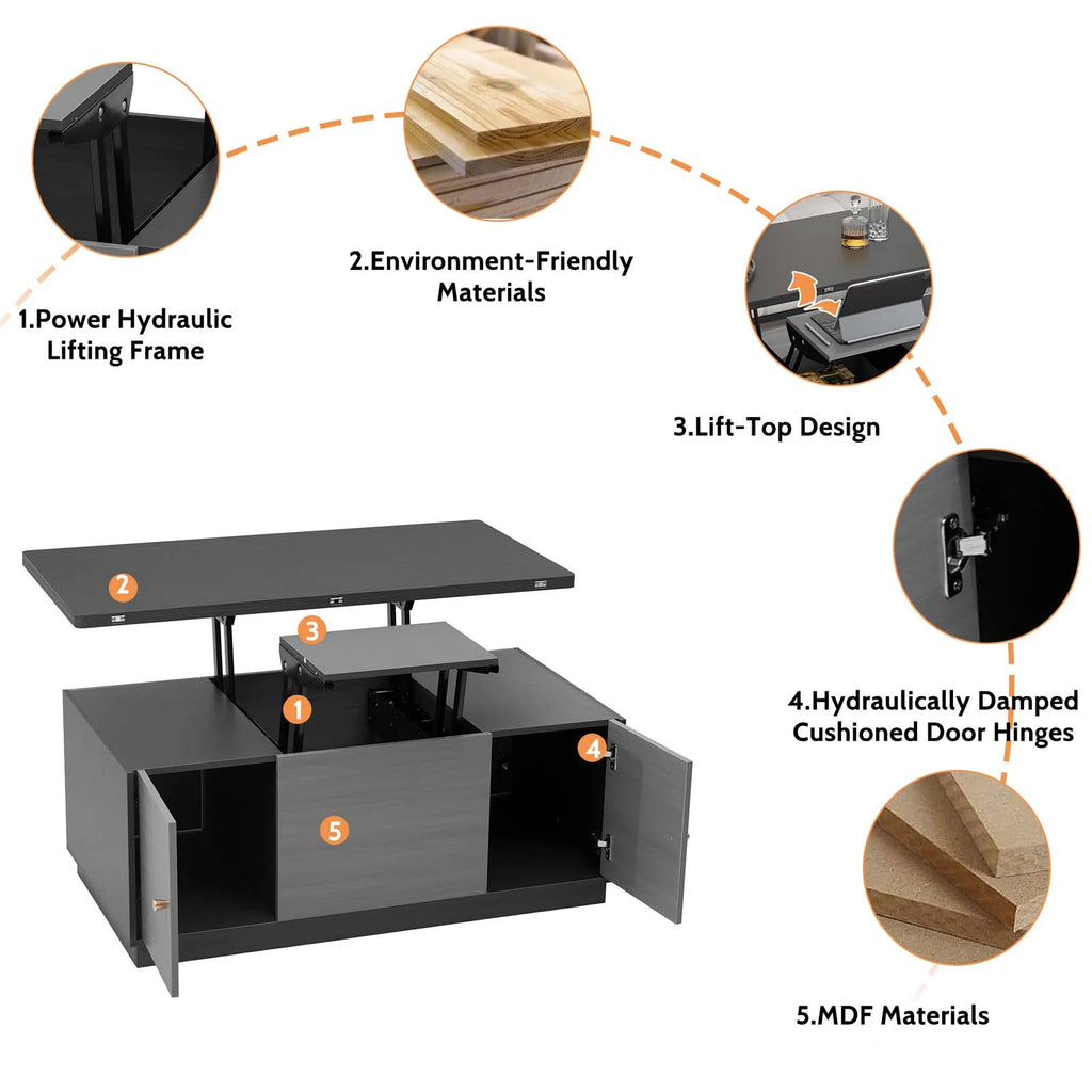 Gray Lift-top Coffee Table with 2 Storage Cabinets K7010