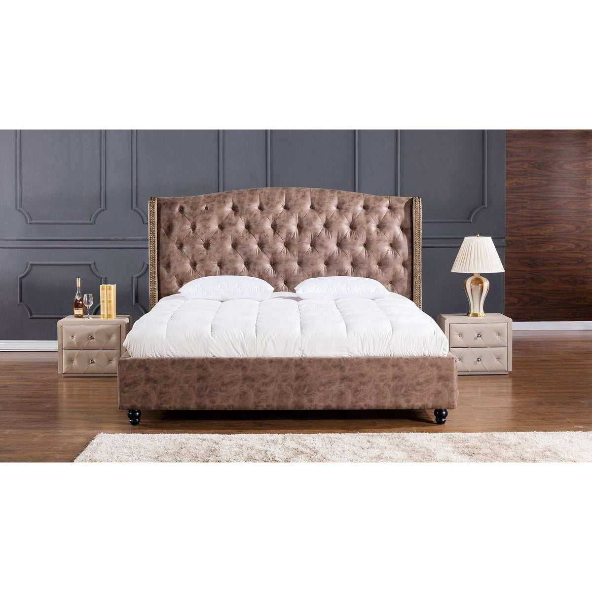 King Brown Platform Bed with Tufted Headboard B68117
