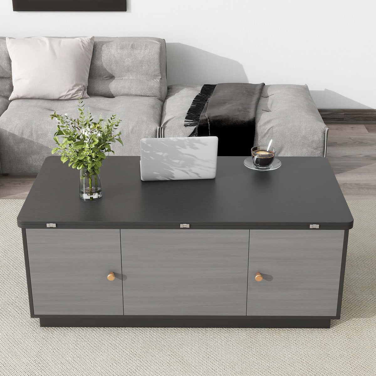 Gray Lift-top Coffee Table with 2 Storage Cabinets K7010