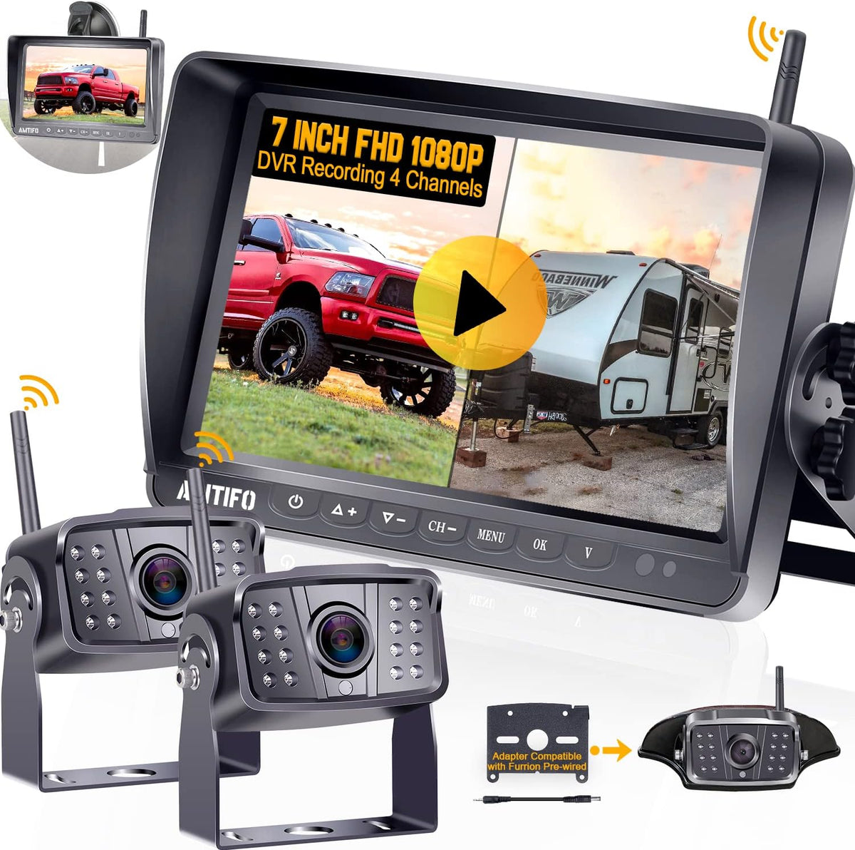 Wireless Backup Camera HD 1080P 2 Rear View Cameras 7 Inch DVR Monitor System J68187