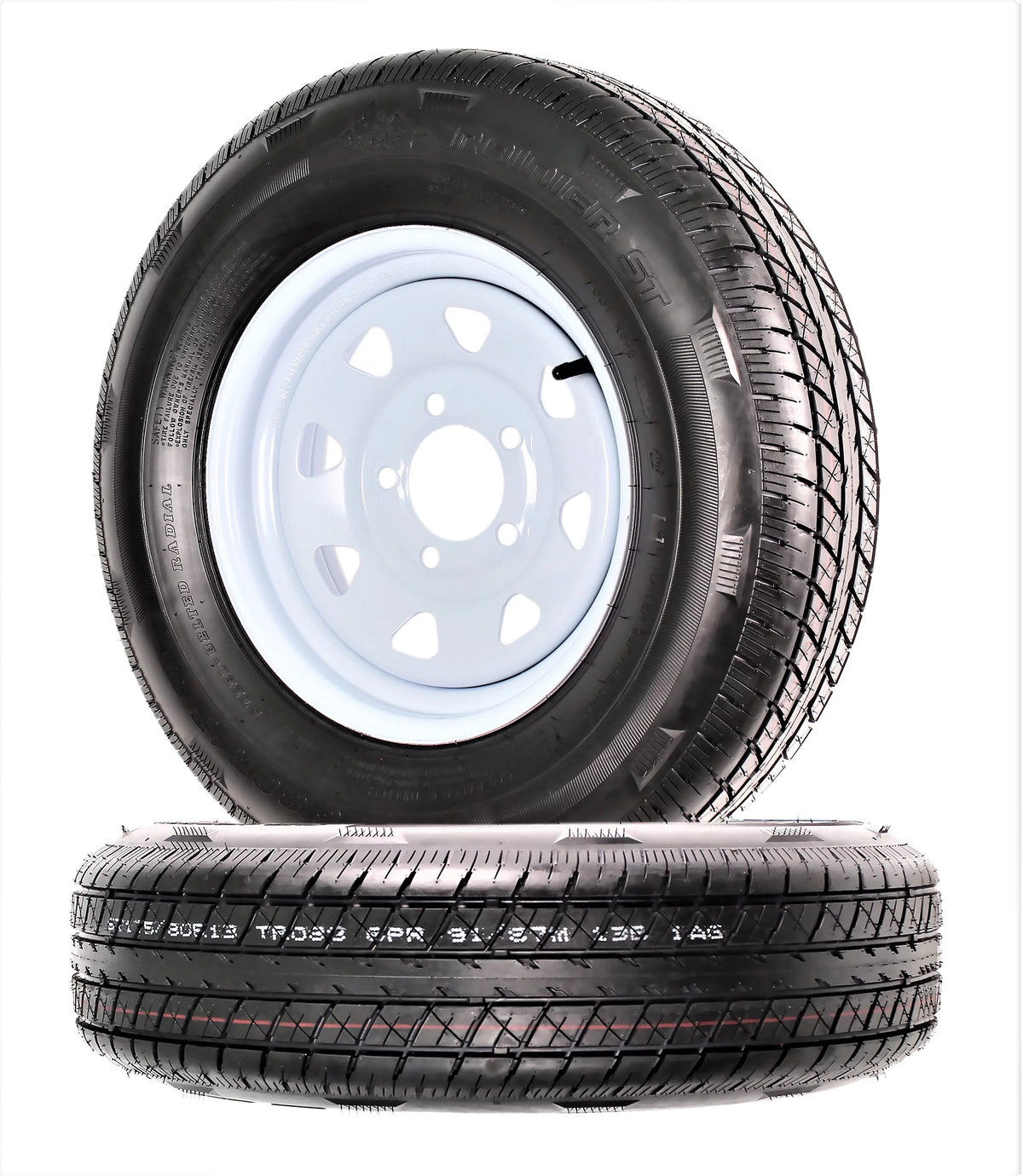 2-Pk Radial Trailer Tire On Rim ST175/80R13 5 Lug White Spoke Wheel J459158