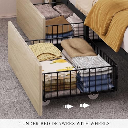Black Queen Bed Frame with Bookcase Headboard and 4 Storage Drawers Q2693