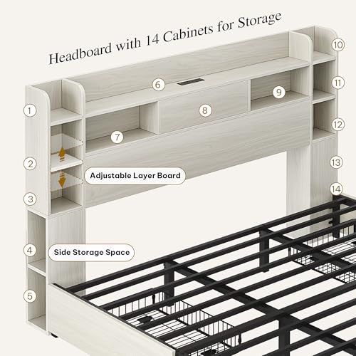 Black Queen Bed Frame with Bookcase Headboard and 4 Storage Drawers Q2693