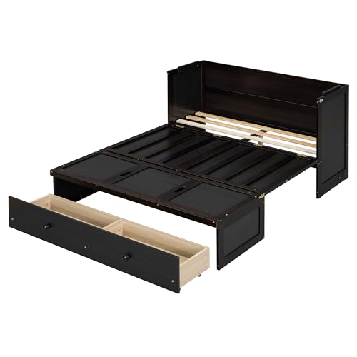 Full Murphy Bed with USB Charging Station and Large Drawer, Wooden Full Size Bed Wall Bed with Storage, Espresso W8476