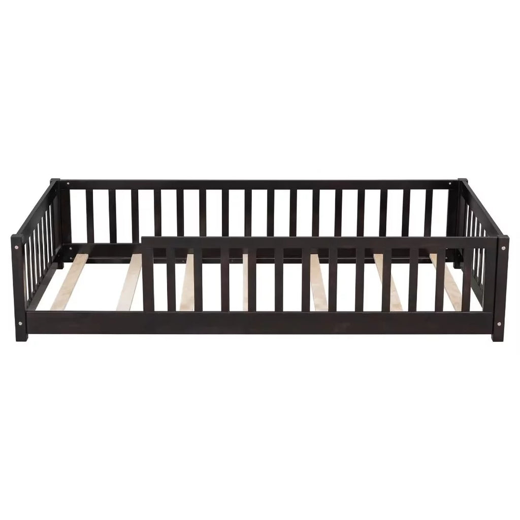 White Full Size Floor Bed with Fence Guardrails and Roof W38669