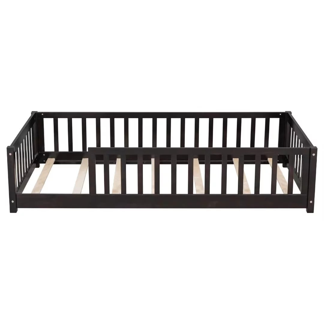 White Full Size Floor Bed with Fence Guardrails and Roof W38669