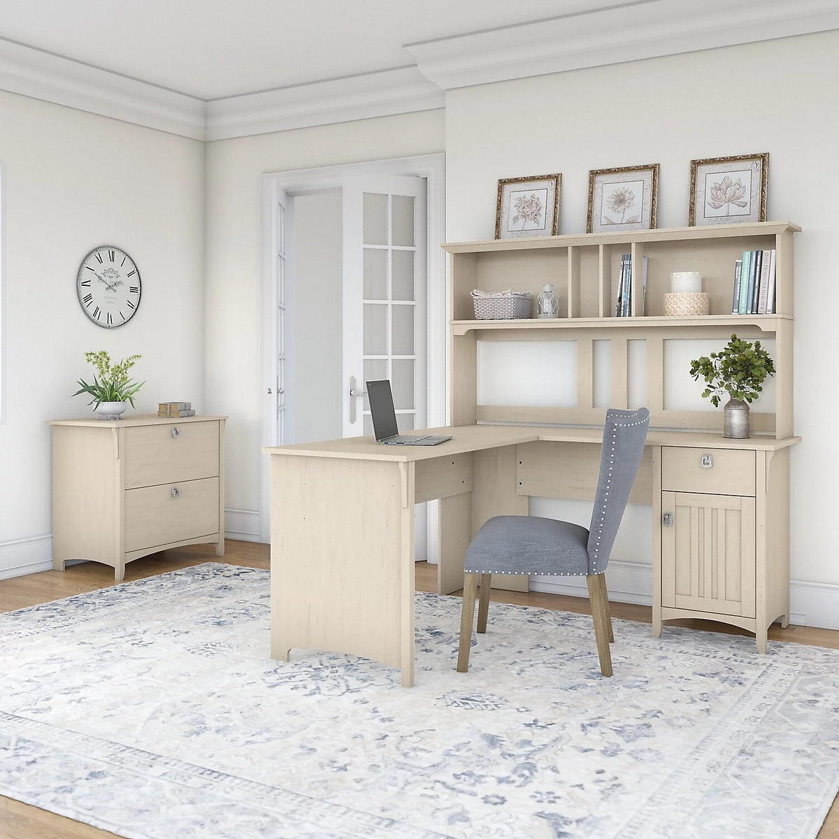 Antique White Engineered Wood L Desk with Hutch & File Cabinet W82948