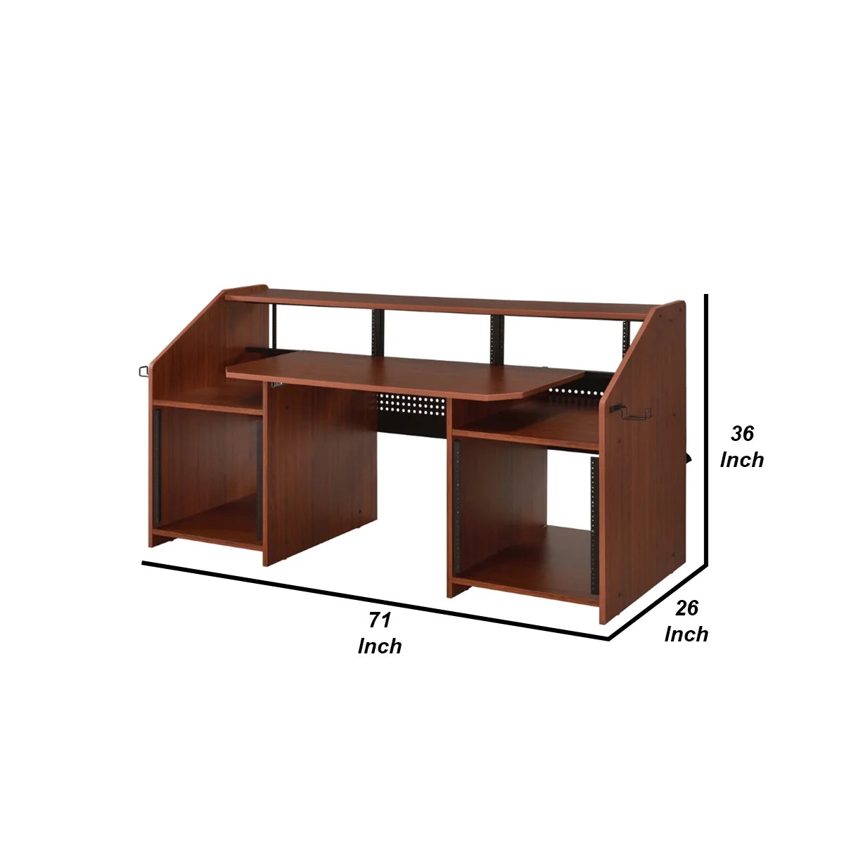 71 Inch Wood Music Desk Studio Workstation, 3 Shelves, Cherry Brown P7275