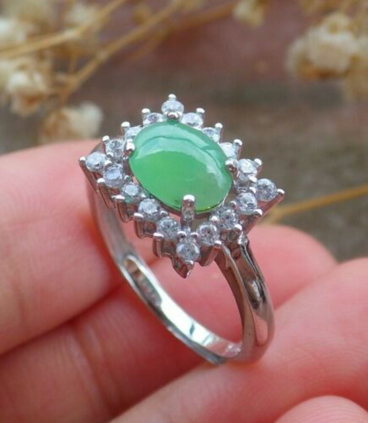 Icy Green Silver 925 Jadeite Cabochon Ring J448470