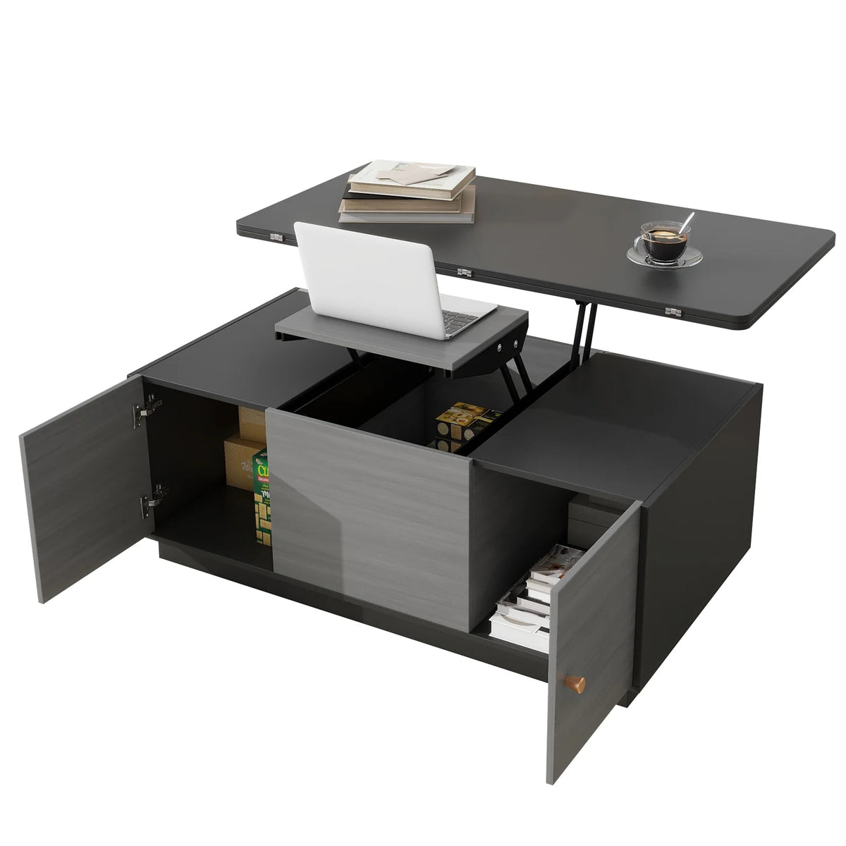 Gray Lift-top Coffee Table with 2 Storage Cabinets K7010